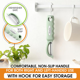 Spring Chef lightweight, ergonomic design reduces wrist strain during peeling.