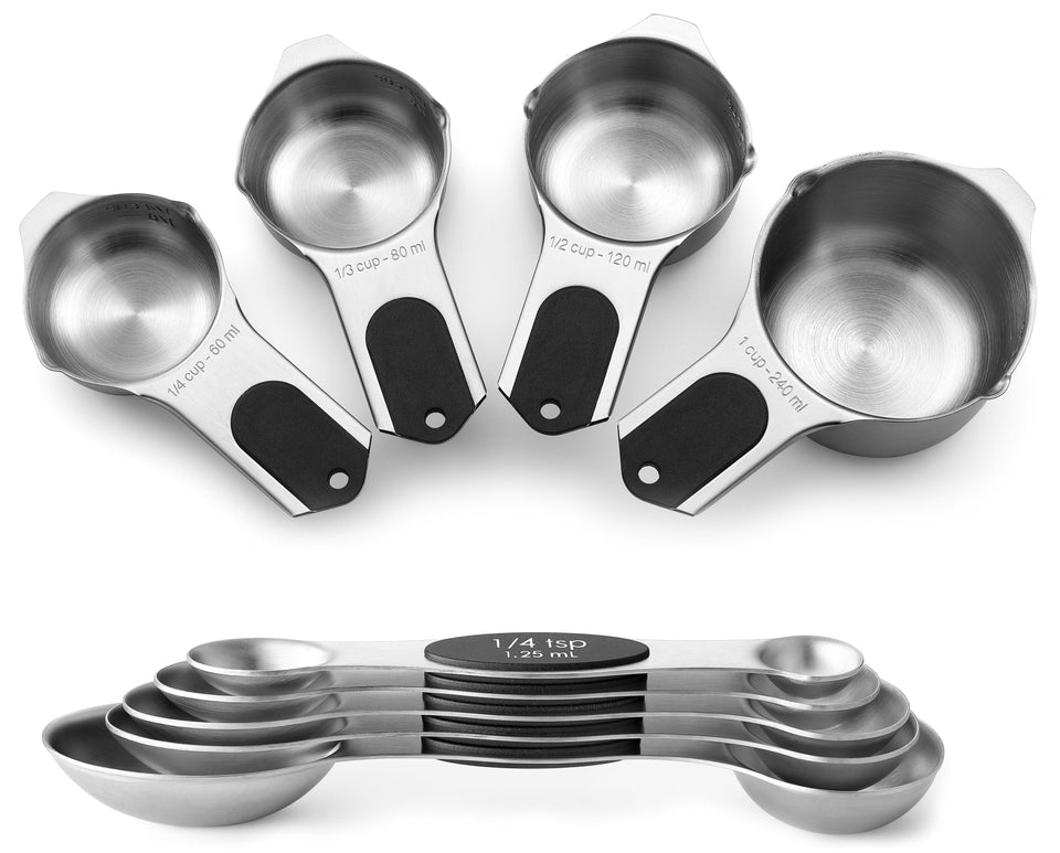 Spring Chef magnetic cups and spoons nest for space-saving storage.