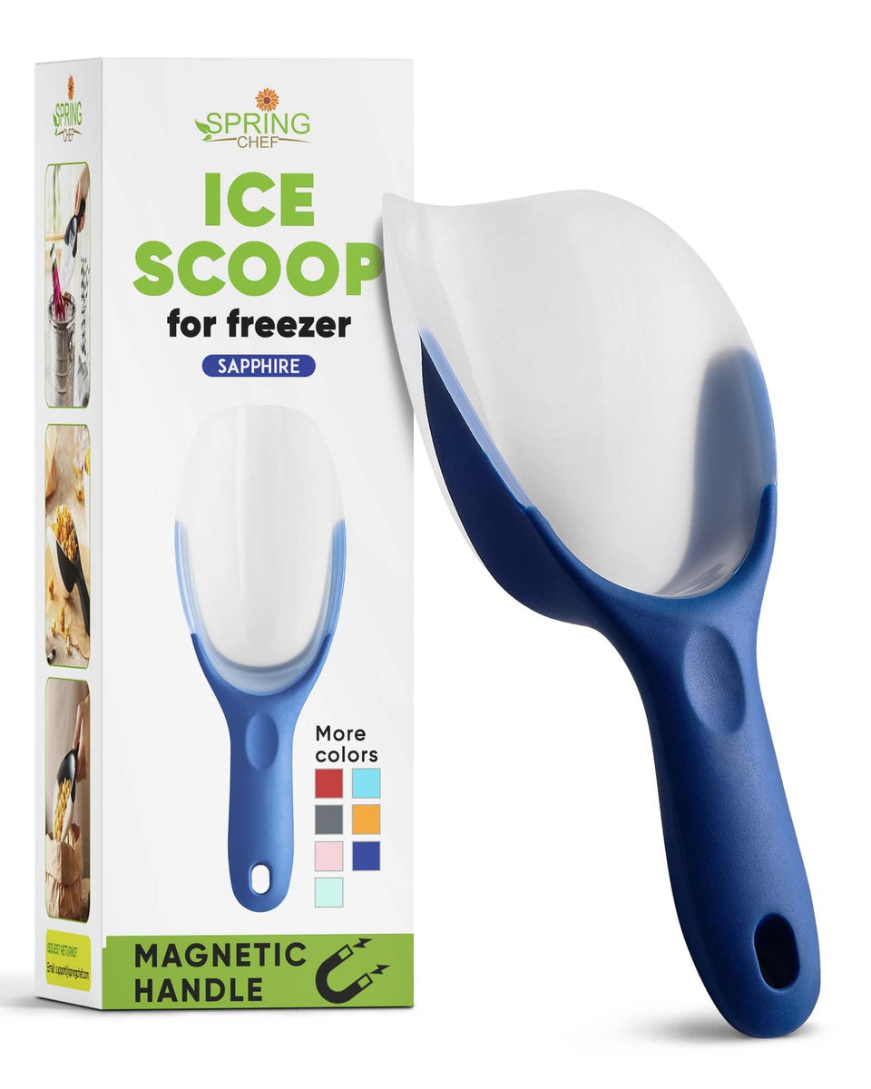 Spring Chef magnetic ice scoop with ergonomic handle for quick, snag-free ice access.