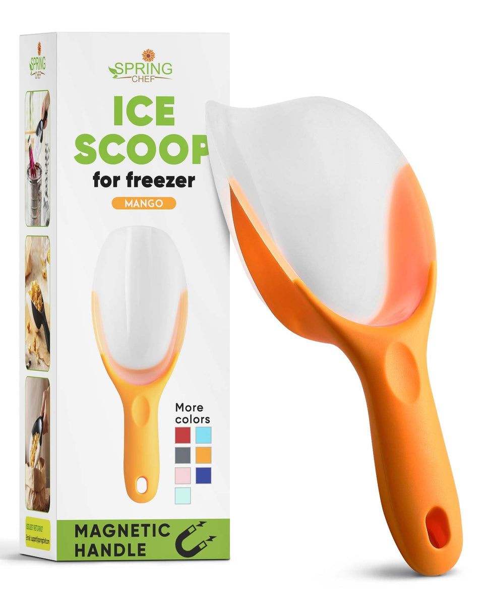 Spring Chef magnetic ice scoop in use for quick ice transfer.