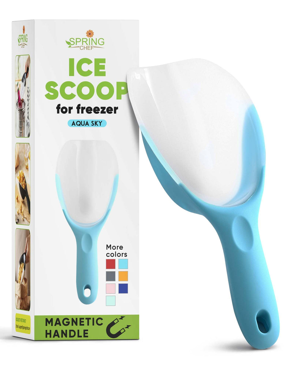 Spring Chef magnetic ice scoop with translucent tip for easy ice separation.