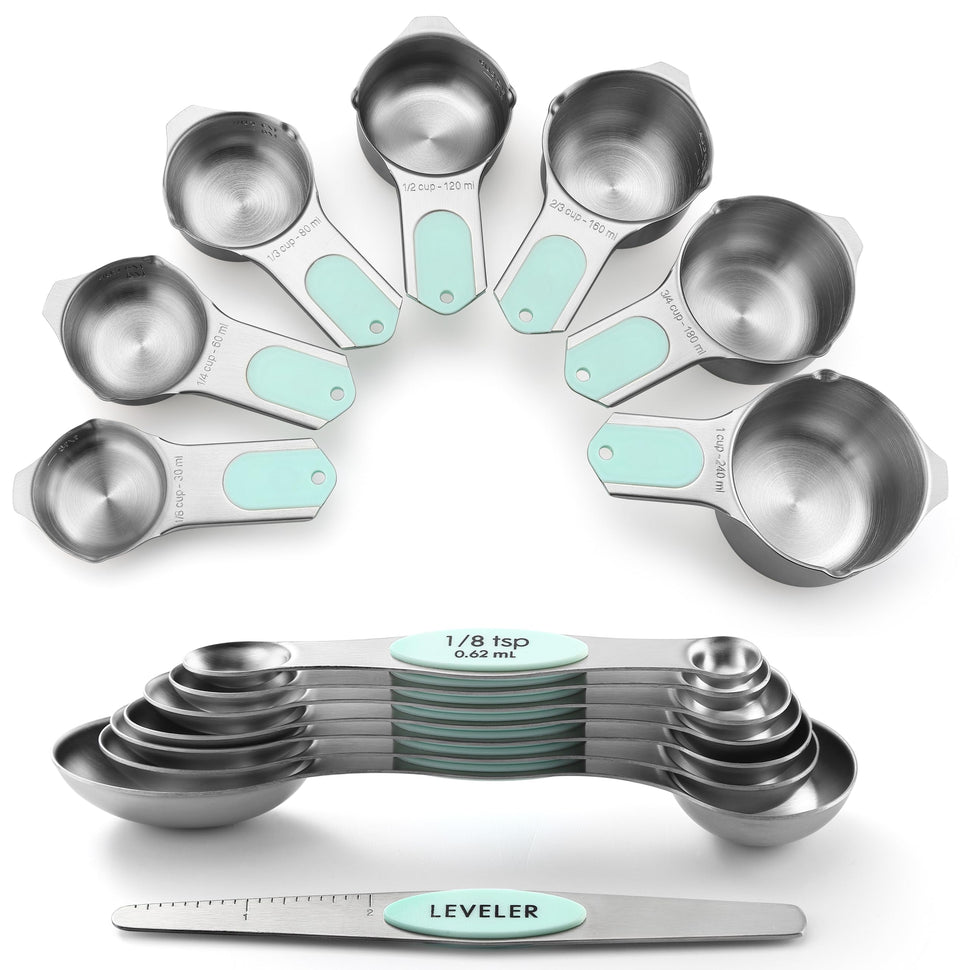 Spring Chef magnetic measuring cups and spoons nest for easy storage.