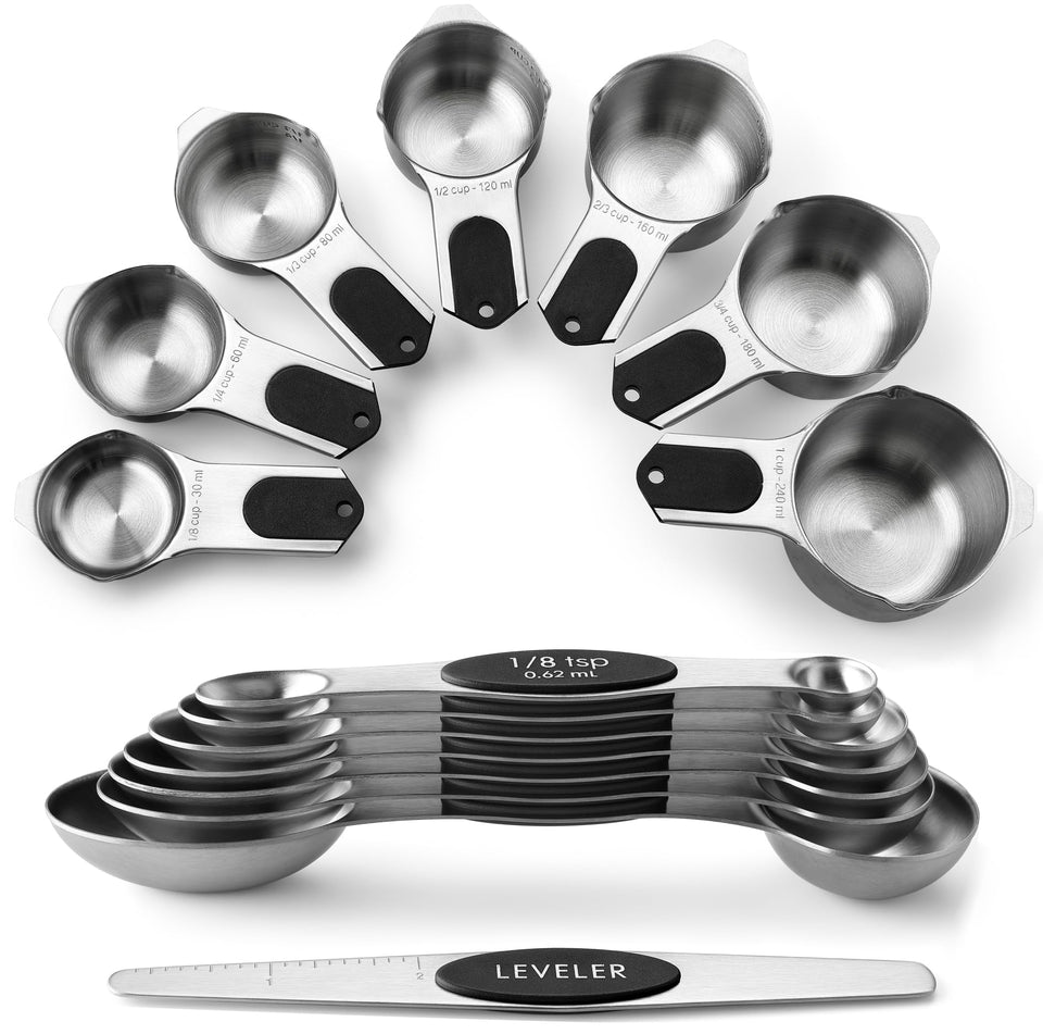 Spring Chef magnetic measuring cups and spoons set; durable stainless steel for precise cooking.