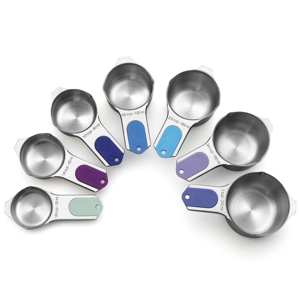 Spring Chef magnetic measuring cups in Winter Frost nest together for compact storage.