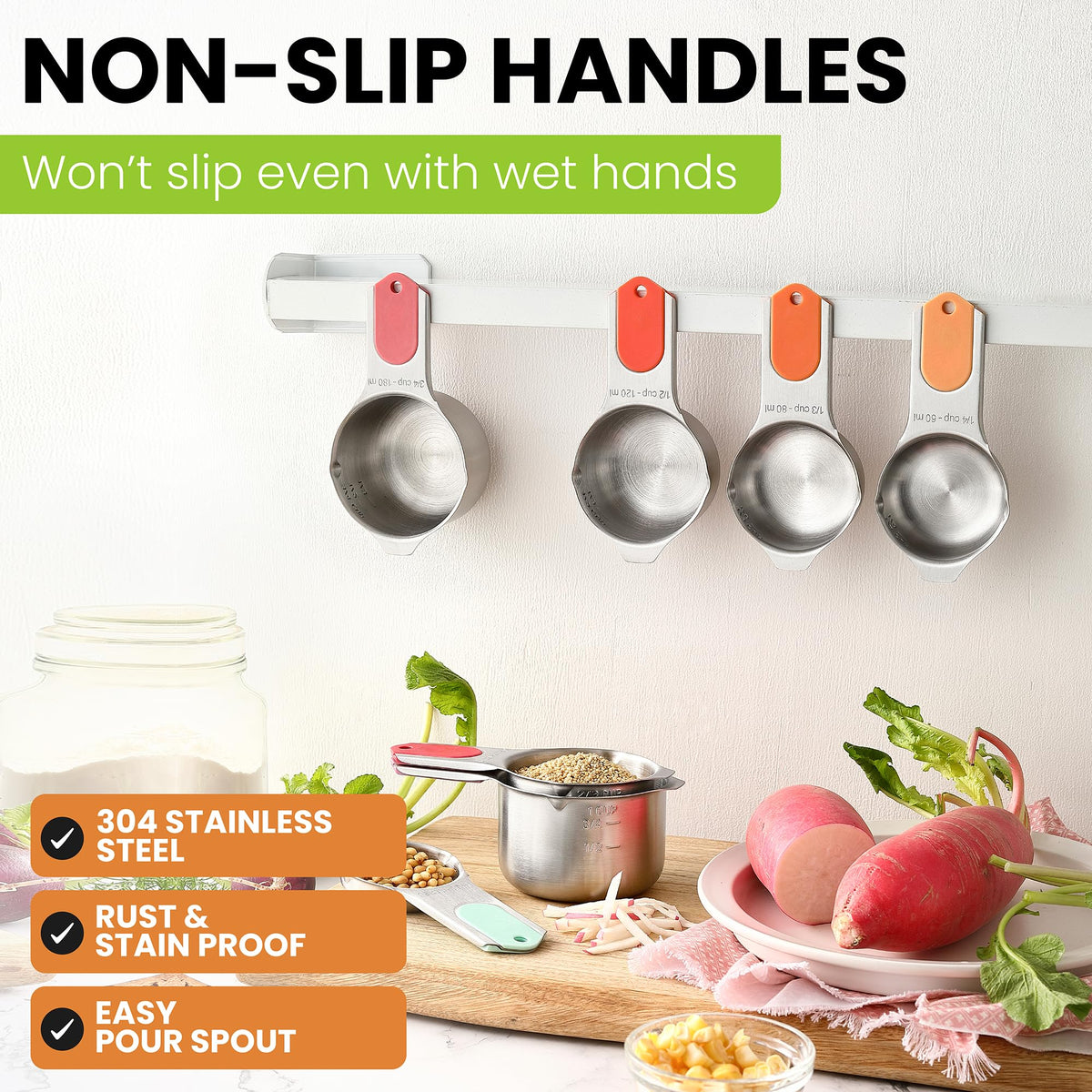 Dishwasher-safe Spring Chef measuring cups for easy cleanup.
