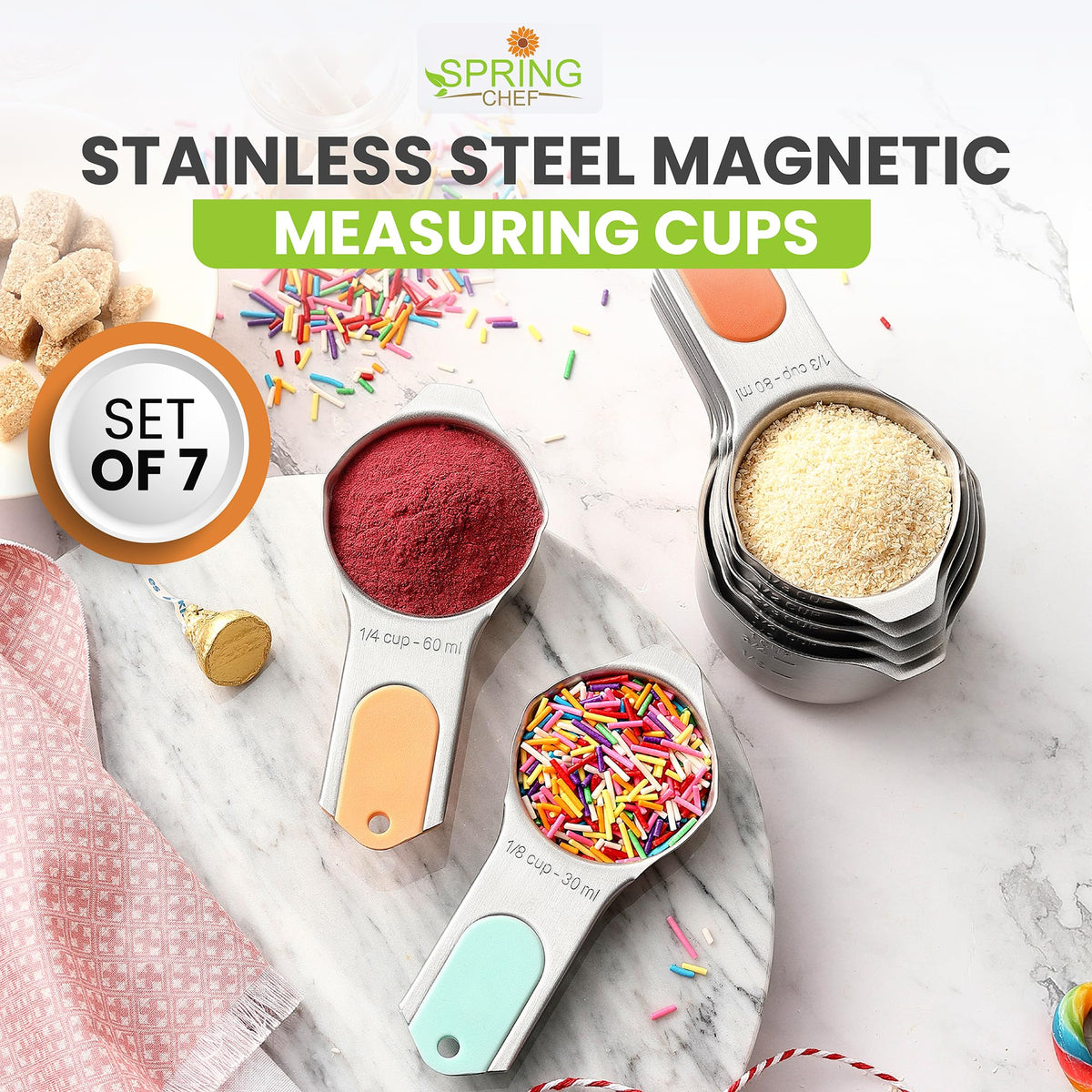 Engraved US and metric markings on Spring Chef measuring cups.