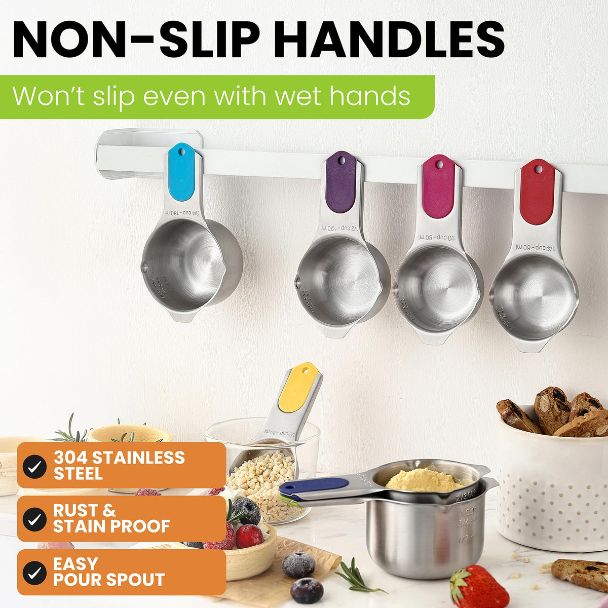 Spring Chef measuring cups feature engraved US and metric marks.