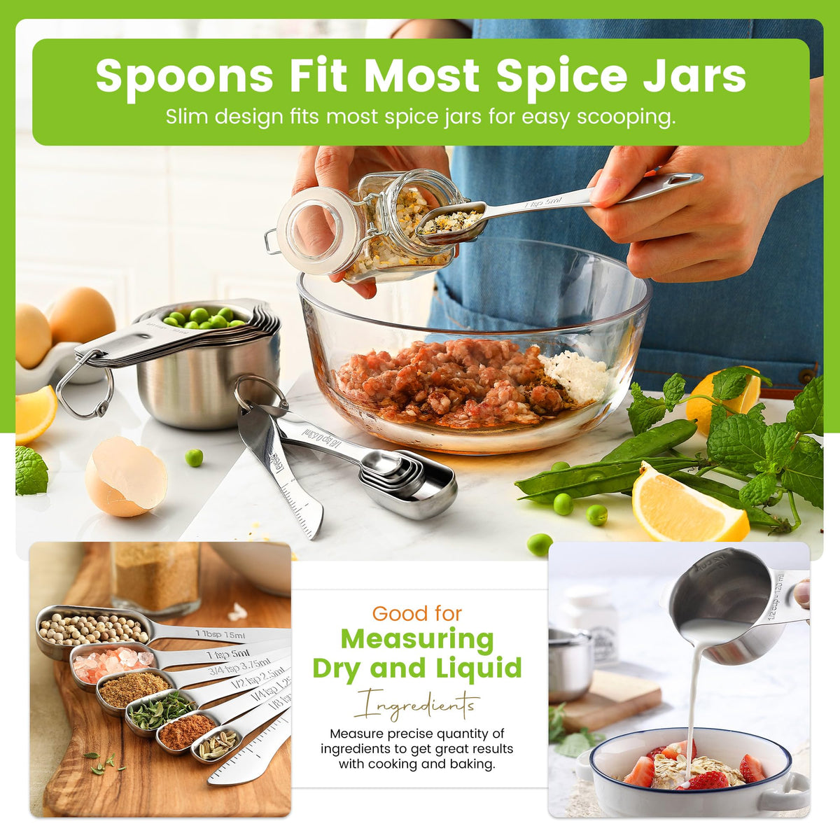 Spring Chef measuring cups with pour spouts shown in action for precise pouring.