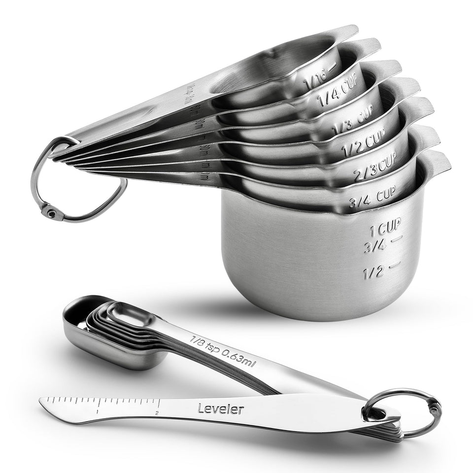 Spring Chef measuring cups and spoons set full view, sturdy stainless steel for precise cooking and baking.