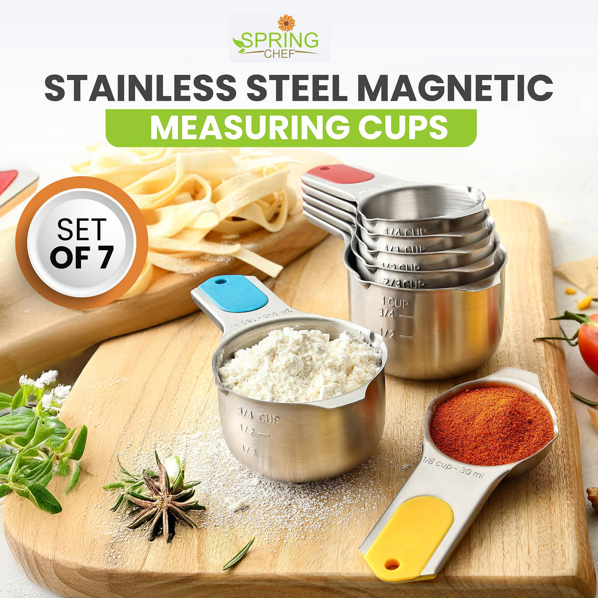 Spring Chef 1/8 to 1 cup sizes included for versatile measuring.