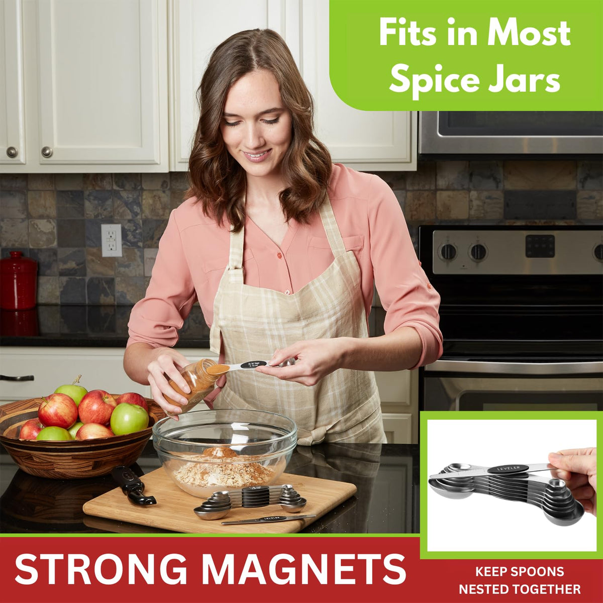 Spring Chef measuring spoons magnetic nest keeps them within reach.