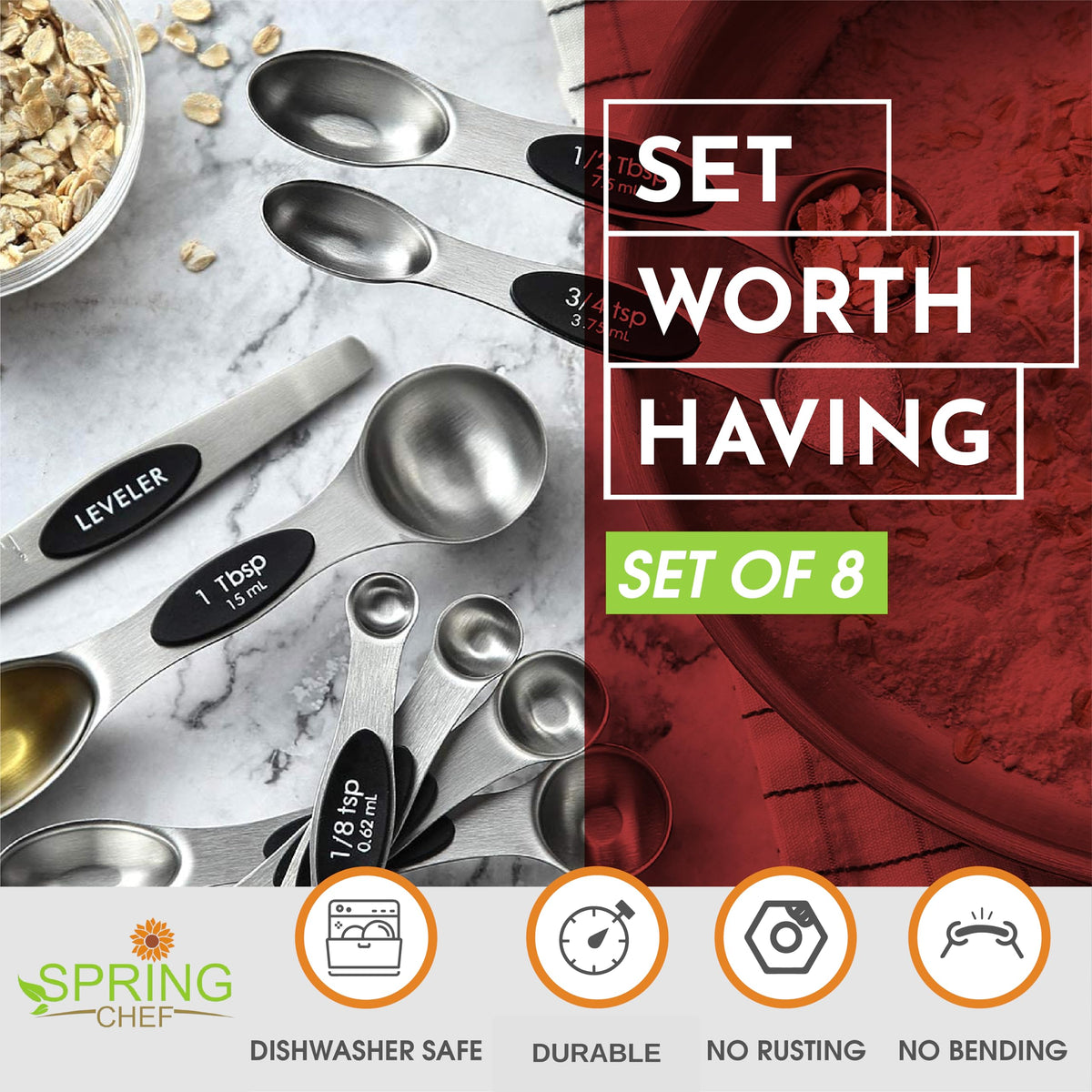 Spring Chef spoons’ narrow tip fits most spice jars for tidy scooping.