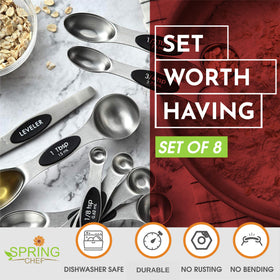 Spring Chef spoons’ narrow tip fits most spice jars for tidy scooping.