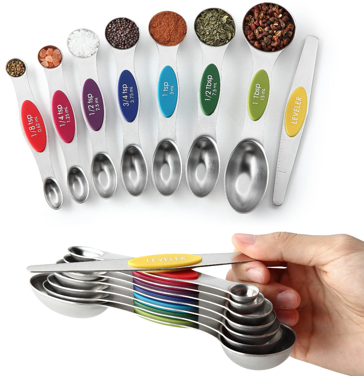 Spring Chef multicolor measuring spoons set with magnetic links for easy use