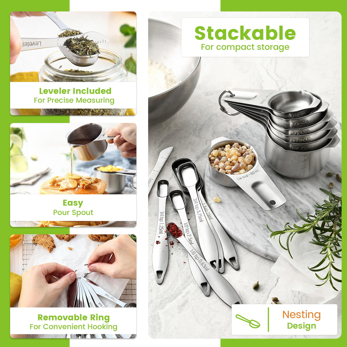 Spring Chef nesting cups and spoons with ring organized compactly for easy storage.