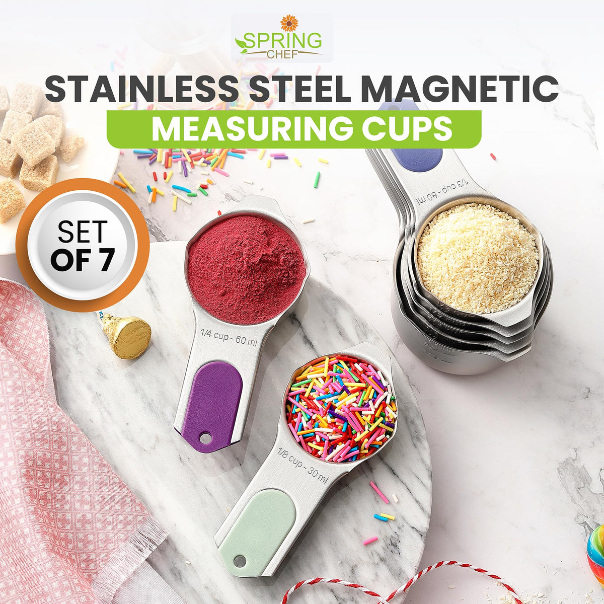 Spring Chef magnetic nesting design keeps cups organized and accessible.