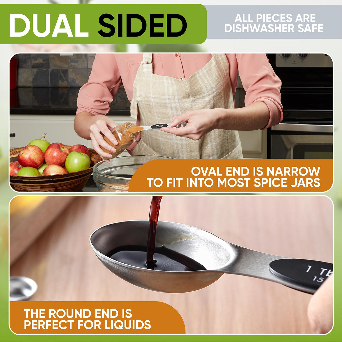 Spring Chef oval end fits spice jars for easy scooping.