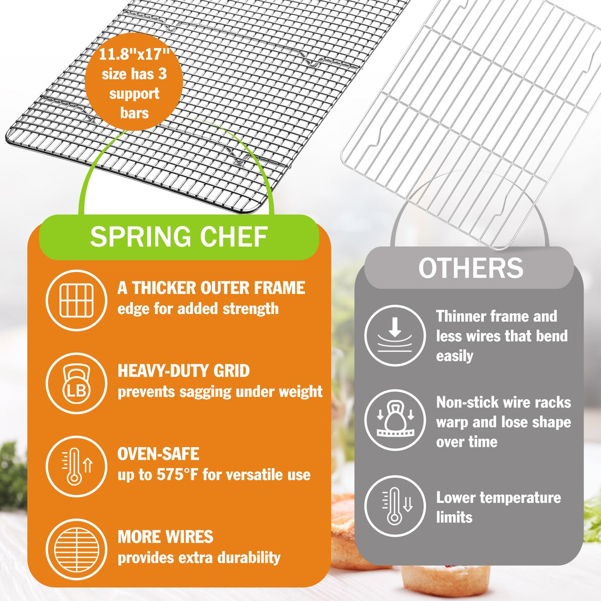 Spring Chef oven-safe rack withstands up to 575 degrees Fahrenheit for flexibility