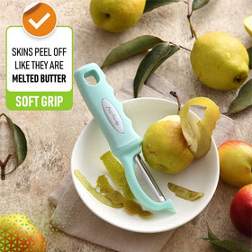 Spring Chef peeler in action on an apple for smooth peeling.