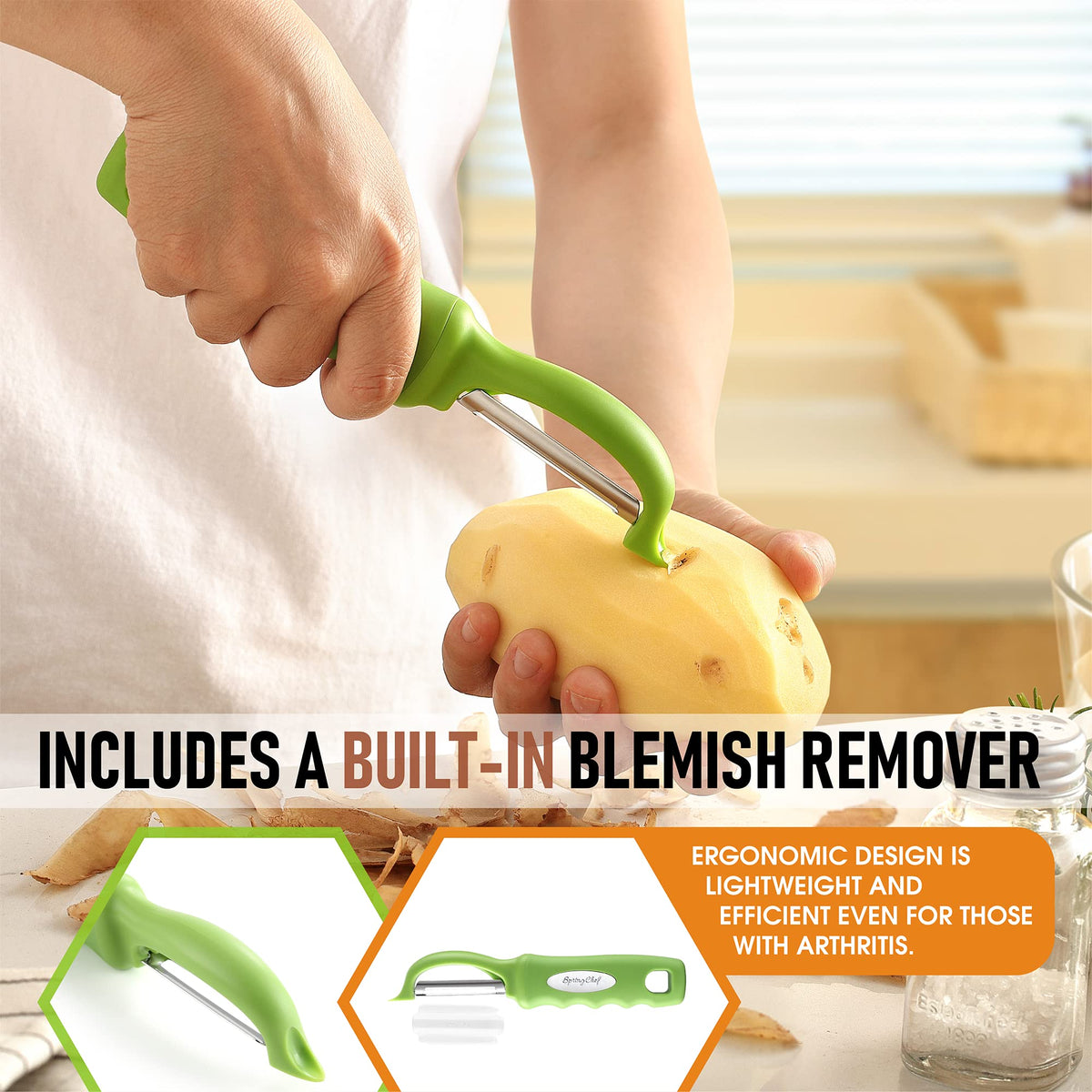 Spring Chef peeler demonstrates skin removal from potato with control.