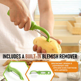 Spring Chef peeler demonstrates skin removal from potato with control.