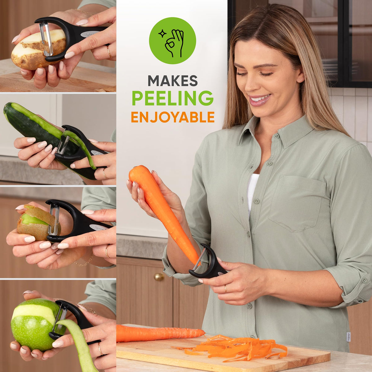 Spring Chef in-use peeler delivering smooth peeling action.