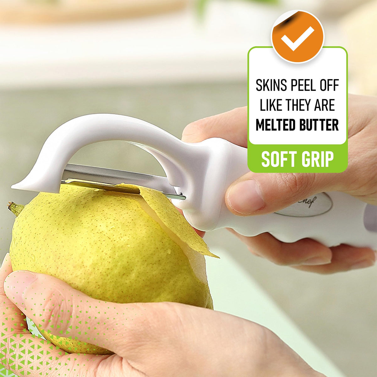 Spring Chef peeler with smooth glide technology resists clogging