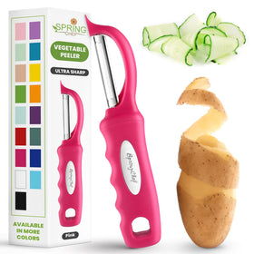 Spring Chef premium stainless steel peeler with pink handle for quick, smooth peeling.