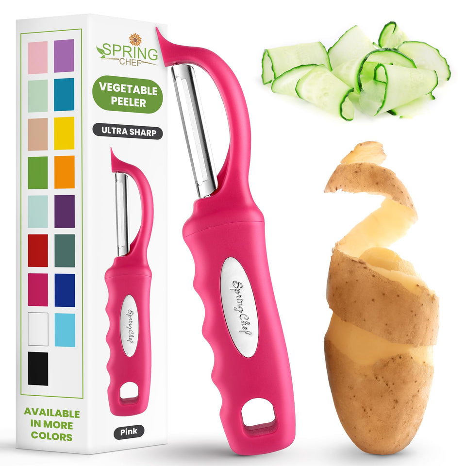 Spring Chef premium stainless steel peeler with pink handle for quick, smooth peeling.