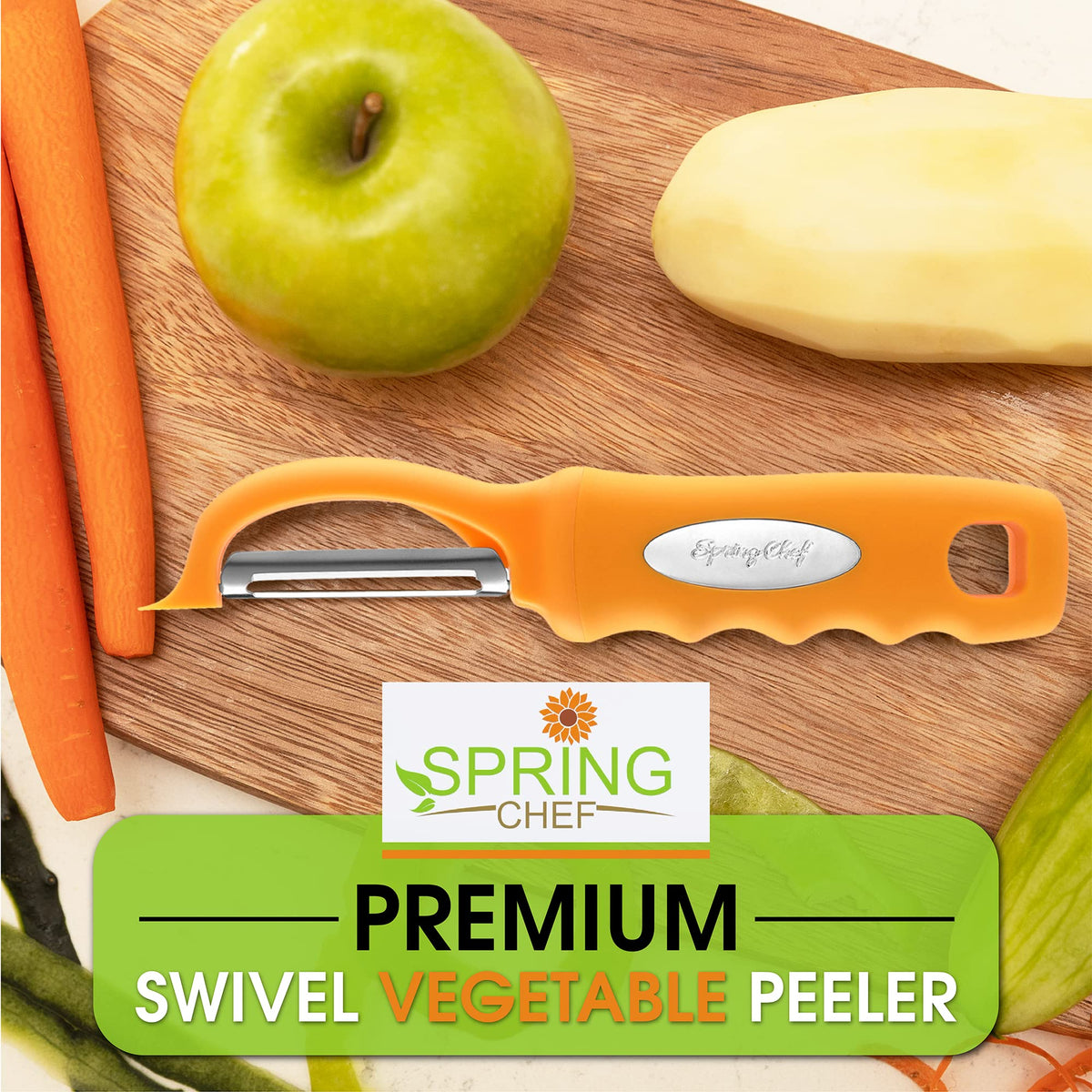 Spring Chef Premium Swivel Peeler apple peeling showing precise skin removal.