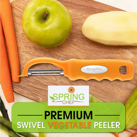 Spring Chef Premium Swivel Peeler apple peeling showing precise skin removal.