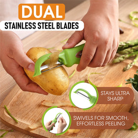 Spring Chef blade close-up shows ultra sharp stainless steel blades for precise peeling.