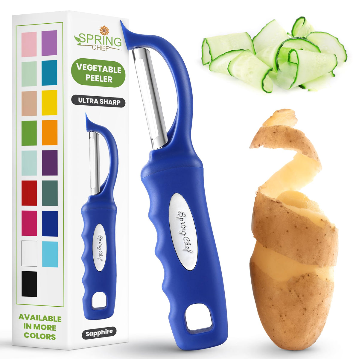 Spring Chef Premium Swivel Peeler blade close-up shows ultra-sharp blades for precise peeling.