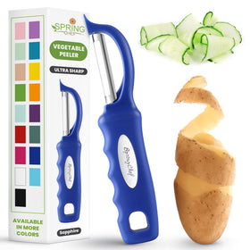 Spring Chef Premium Swivel Peeler blade close-up shows ultra-sharp blades for precise peeling.