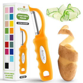 Spring Chef Premium Swivel Peeler blade close-up showing ultra-sharp steel for effortless peeling.