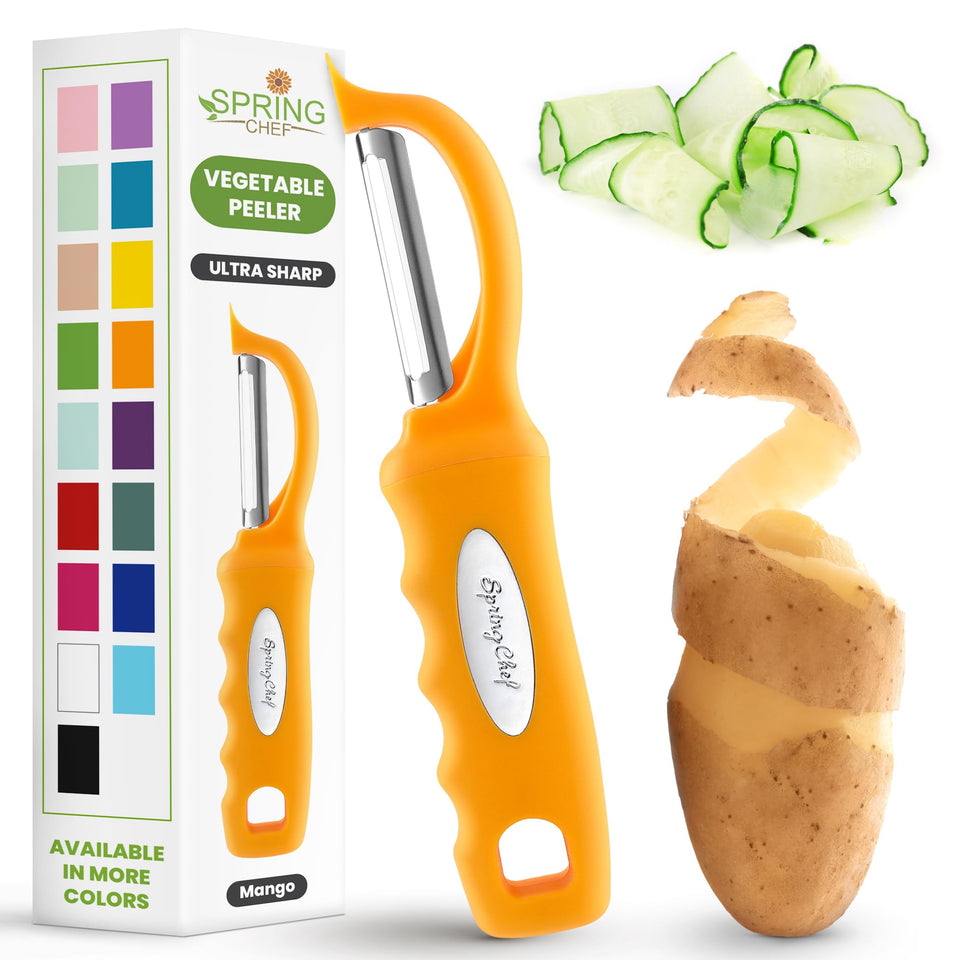 Spring Chef Premium Swivel Peeler blade close-up showing ultra-sharp steel for effortless peeling.