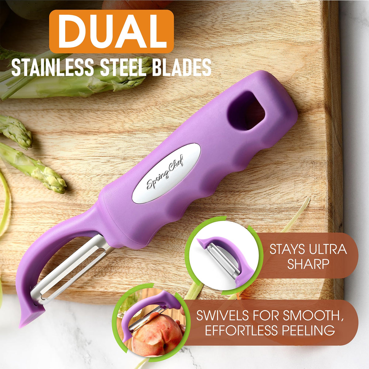 Close-up of ultra sharp blades on Spring Chef peeler for precise peeling