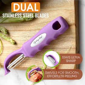 Close-up of ultra sharp blades on Spring Chef peeler for precise peeling