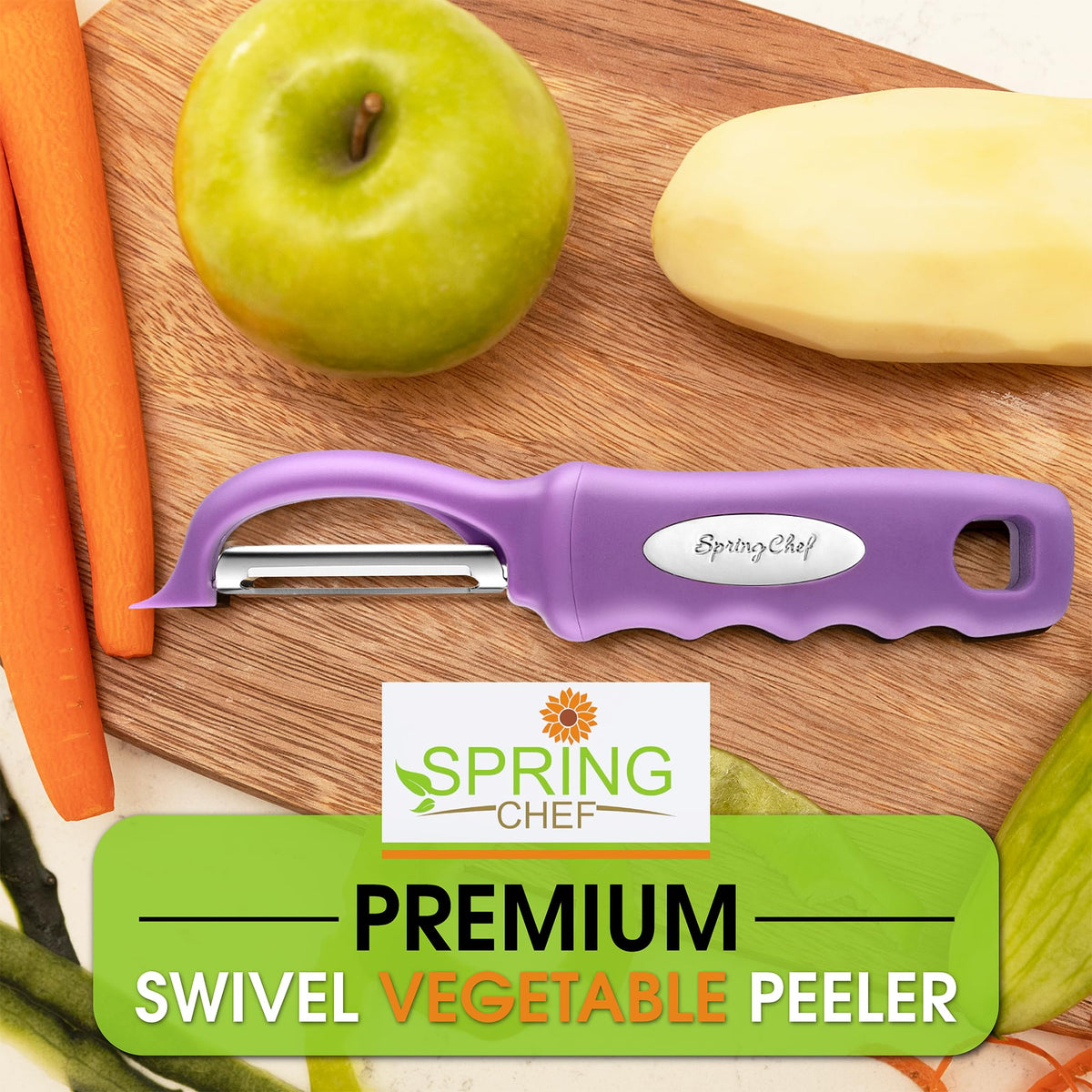 Lightweight ergonomic design reduces fatigue on Spring Chef peeler