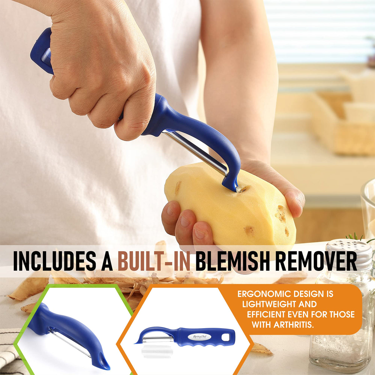 Spring Chef peeler is dishwasher safe for easy cleanup.