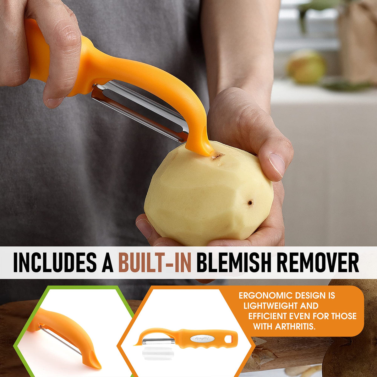 Spring Chef Premium Swivel Peeler ergonomic design reduces wrist strain.