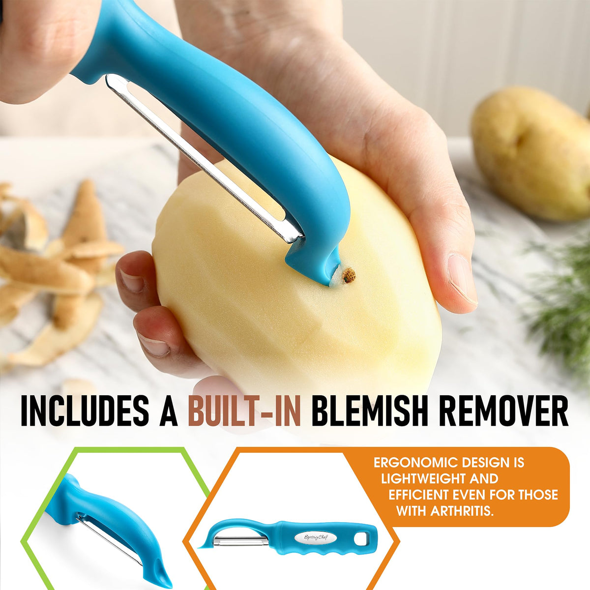 Spring Chef Premium Swivel Peeler ergonomic handle supports comfortable use