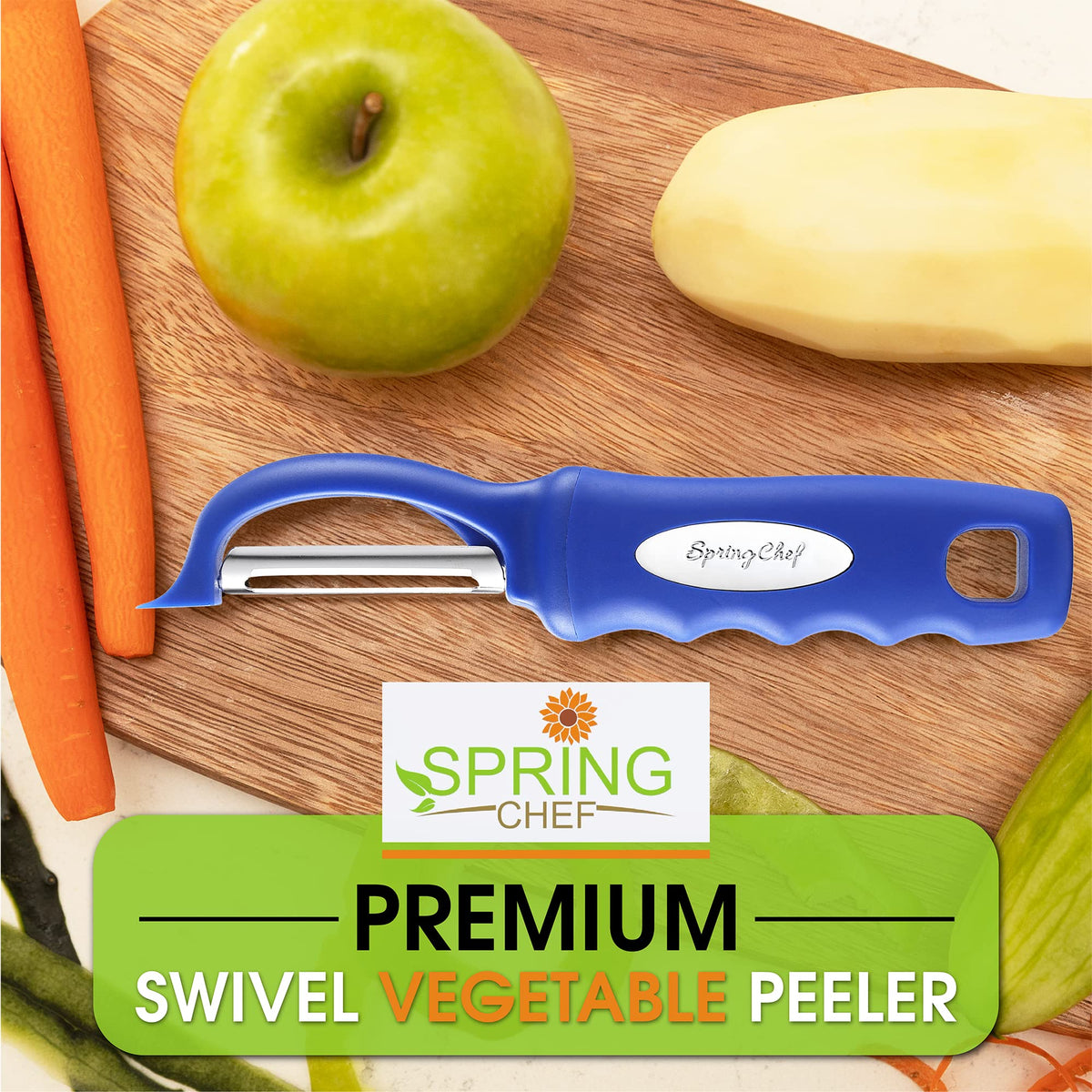 Spring Chef peeler ergonomic, lightweight design reduces hand fatigue.