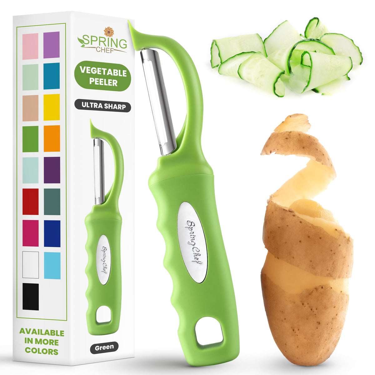 Spring Chef Premium Swivel Peeler front view with an ergonomic, comfortable handle for easy peeling.