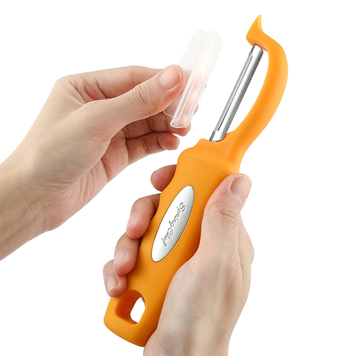 Spring Chef Premium Swivel Peeler hanging hole storage for easy reach.