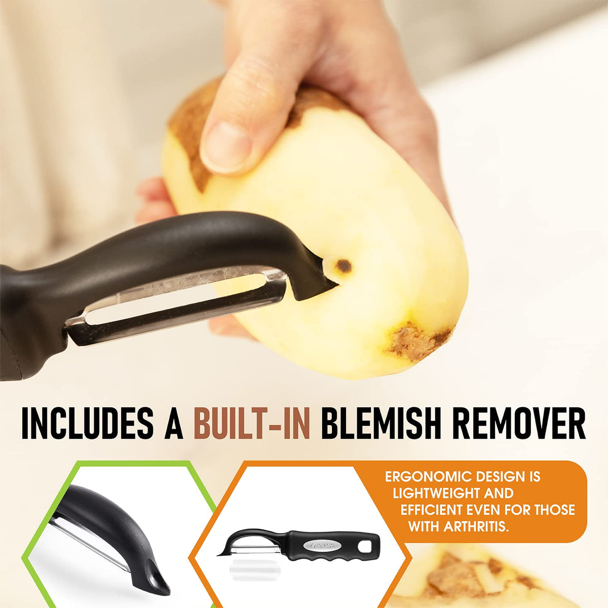 Spring Chef Premium Swivel Peeler smooth glide reduces clogging.