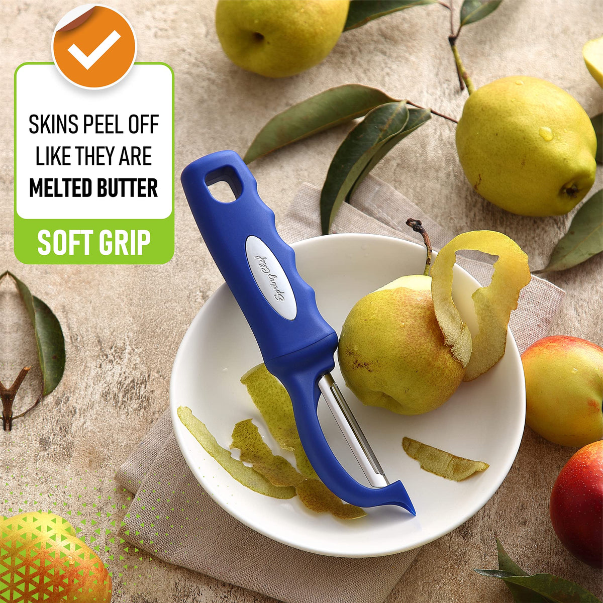 Spring Chef peeler smooth glide technology prevents clogging during prep.