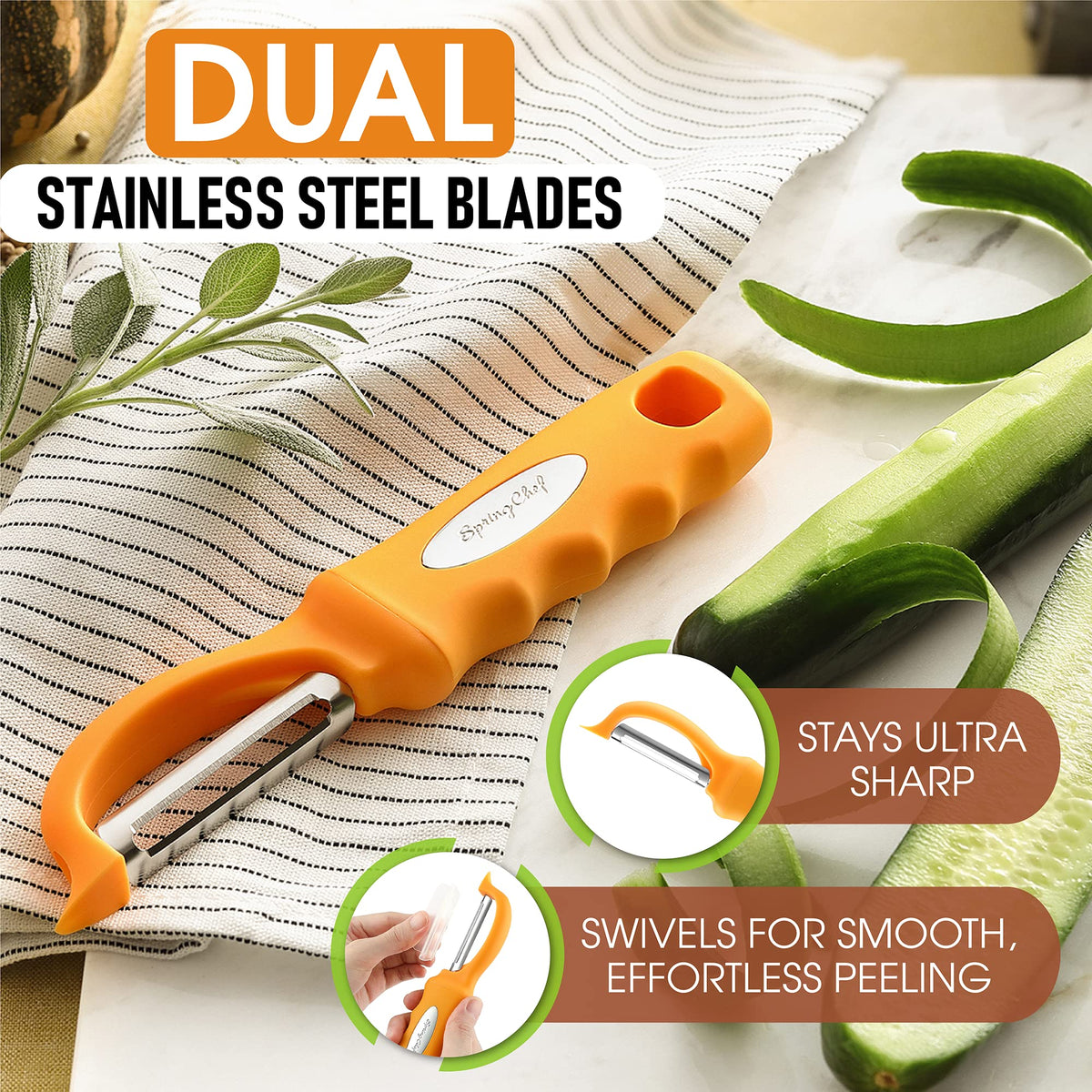 Spring Chef Premium Swivel Peeler soft grip handle in hand for comfortable use.
