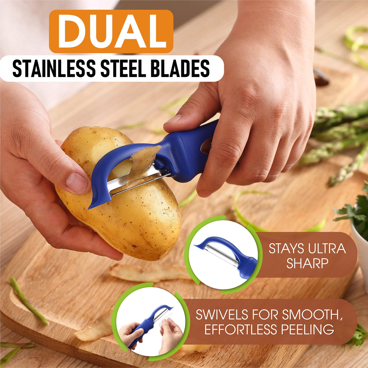 Spring Chef Premium Swivel Peeler soft grip handle ensures comfortable peeling for long prep sessions.