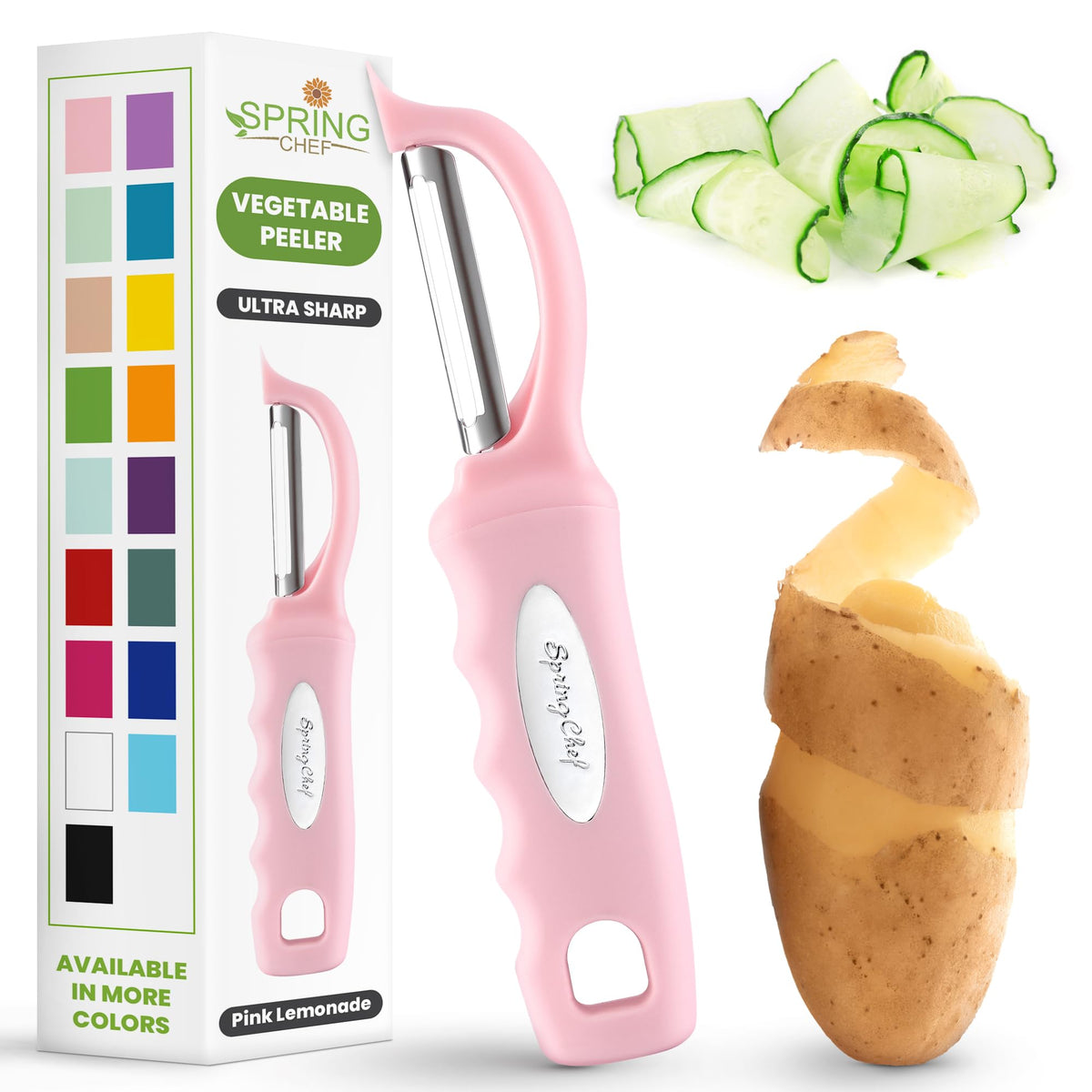 Spring Chef premium swivel peeler soft grip handle in action for smooth peeling.